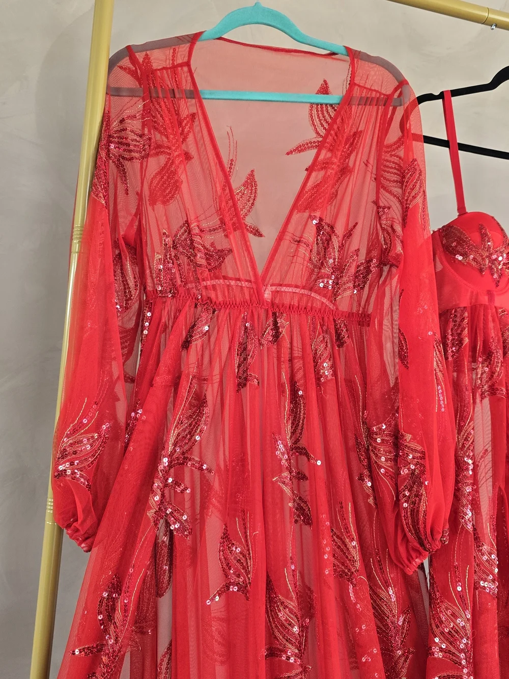 Red Floral Sheer Maxi Dress with Corset Bodice - Picture 3 of 13